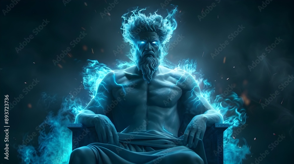 Muscular man with a beard and flowing hair, seated on a throne with a fiery background and emanating lightning bolts. Muscular man with a beard and flowing hair, seated on a throne with a fiery background and emanating lightning bolts.