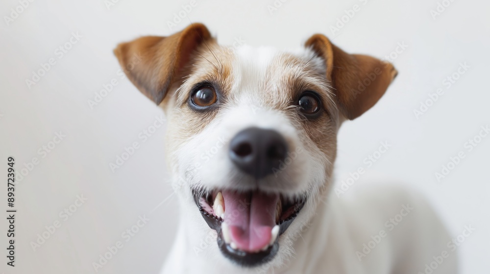 A dog with a big smile on its face. The dog is white and brown. It has a happy expression on its face A dog with a big smile on its face. The dog is white and brown. It has a happy expression on its face