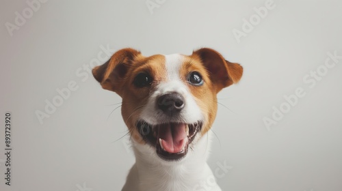 A dog with a big smile on its face. The dog is brown and white. It is looking at the camera