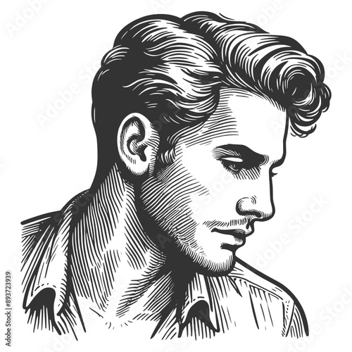 young man in profile, thoughtful and introspective expression sketch engraving generative ai fictional character vector illustration. Scratch board imitation. Black and white image.