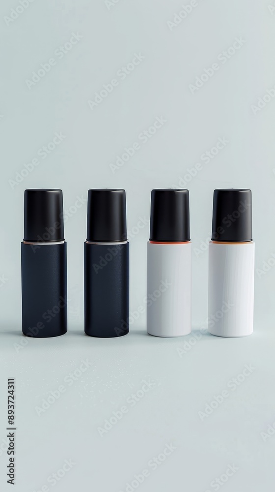 Four bottles of different colors, one black, one white, one red and one blue Four bottles of different colors, one black, one white, one red and one blue