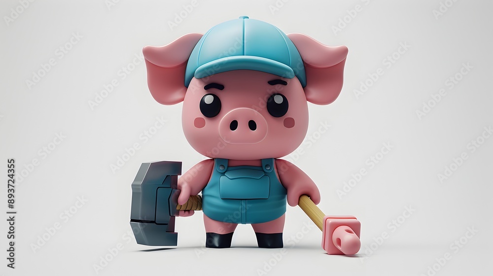 Piglet figurine holding a hammer and a small pickaxe, standing on a wooden surface.