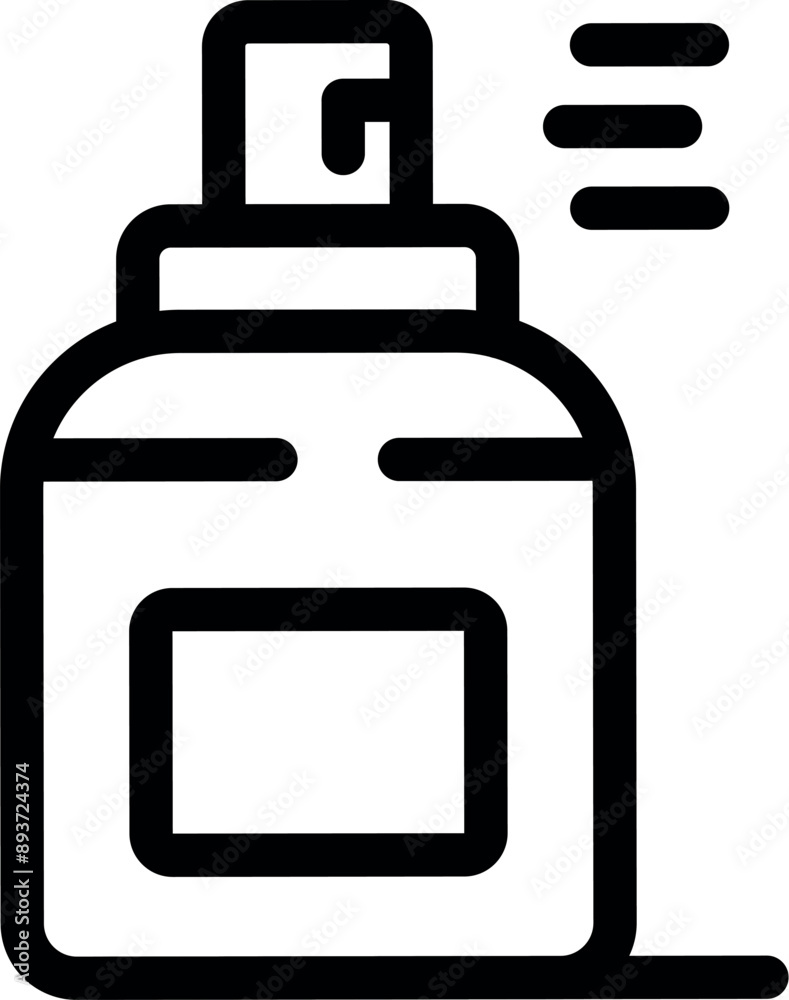 Black outline icon of a spray bottle dispensing liquid, ideal for representing cleaning products and sanitation Black outline icon of a spray bottle dispensing liquid, ideal for representing cleaning products and sanitation