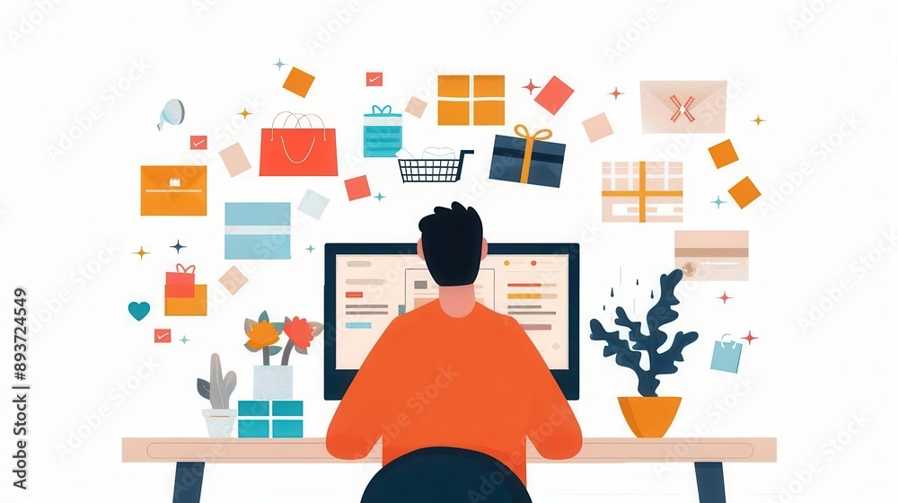 Person sitting at desk with computer surrounded by various shopping icons, gifts, and plants, representing online shopping and e-commerce. Person sitting at desk with computer surrounded by various shopping icons, gifts, and plants, representing online shopping and e-commerce.