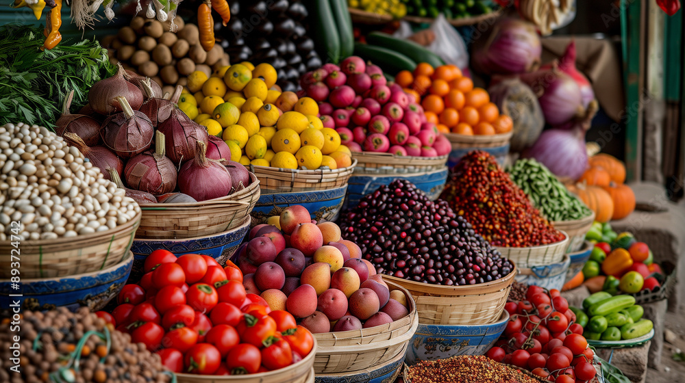 A market stall with baskets of various fruits and vegetables arranged in colorful piles. A market stall with baskets of various fruits and vegetables arranged in colorful piles.