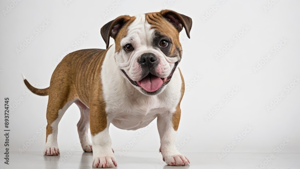 Fototapeta premium Portrait of White and brindle american bulldog on grey background