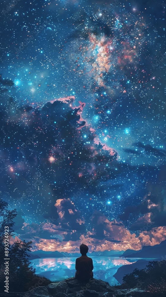 A person is sitting on a rock and looking up at the stars A person is sitting on a rock and looking up at the stars