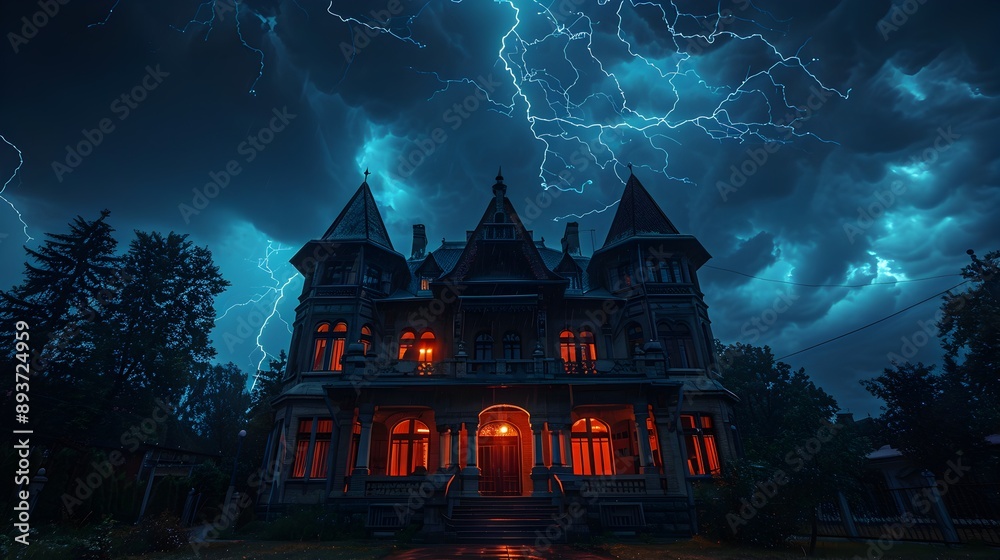 Fototapeta premium Old-fashioned mansion at night, with a dramatic lightning storm.