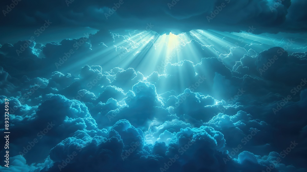 Fototapeta premium Captivating view of blue clouds illuminated by radiant sunlight, creating a serene and tranquil atmosphere in the sky.