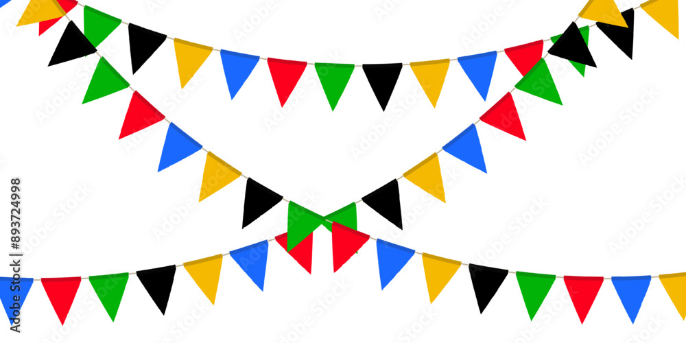 Fototapeta premium Red, green, black, yellow and blue flag garland. Triangle pennants chain. Party decoration. Celebration flags for decor