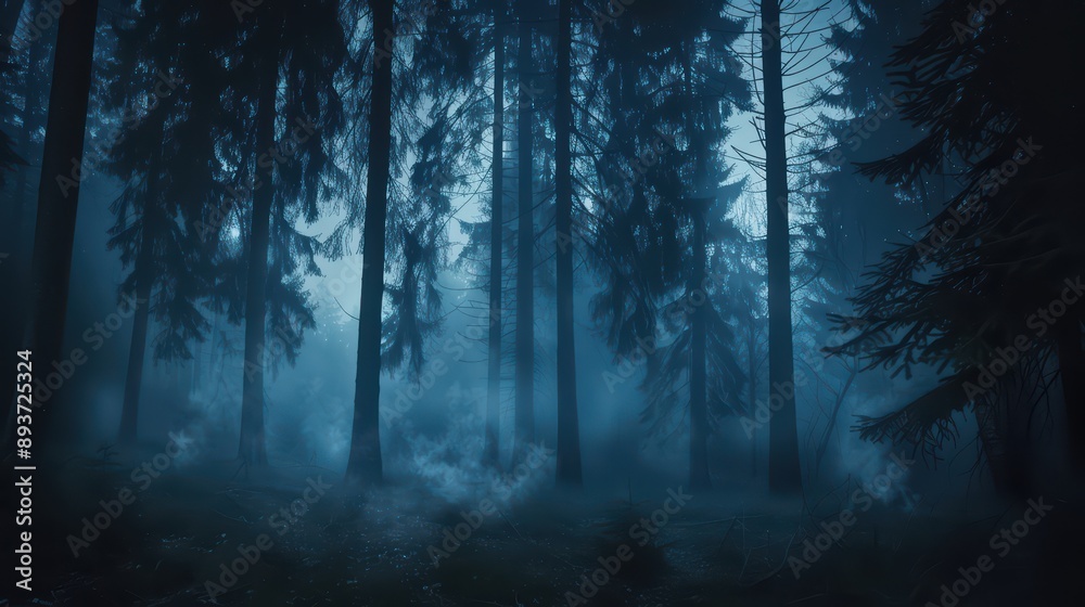 Fototapeta premium A dramatic wallpaper featuring a dark forest scene with tall trees and mist