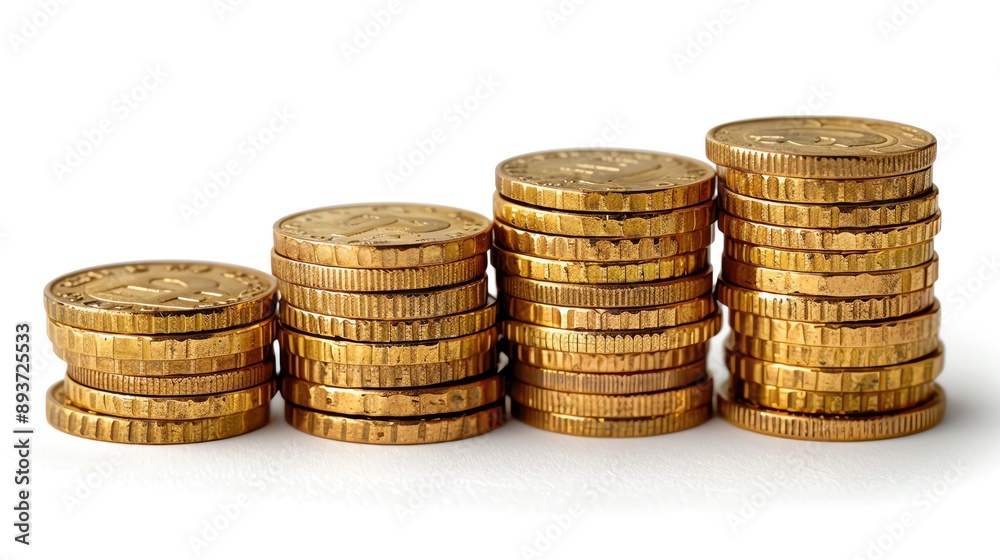 Isolated on white background, a stack of golden coins in different sizes Isolated on white background, a stack of golden coins in different sizes