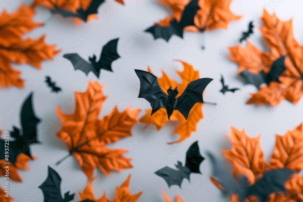 Black paper bats flying among orange autumn leaves on a white background. Black paper bats flying among orange autumn leaves on a white background.
