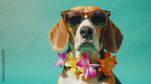 Beagle dog with sunglasses and flower necklace on green backdrop Close up Summer theme Banner Ample space photo