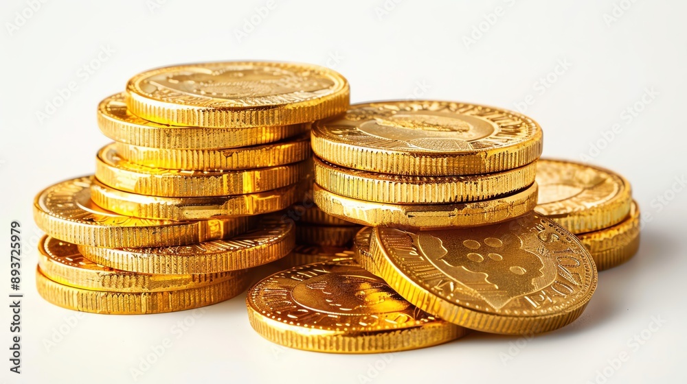 Isolated on white background, a stack of golden coins in different sizes Isolated on white background, a stack of golden coins in different sizes