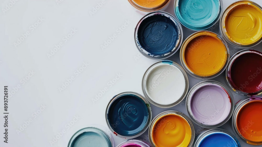 Opened paint cans on white surface, overhead view. Text area available Opened paint cans on white surface, overhead view. Text area available