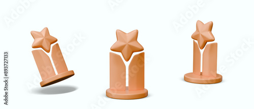 Metal trophy with star. Set of realistic objects in different positions