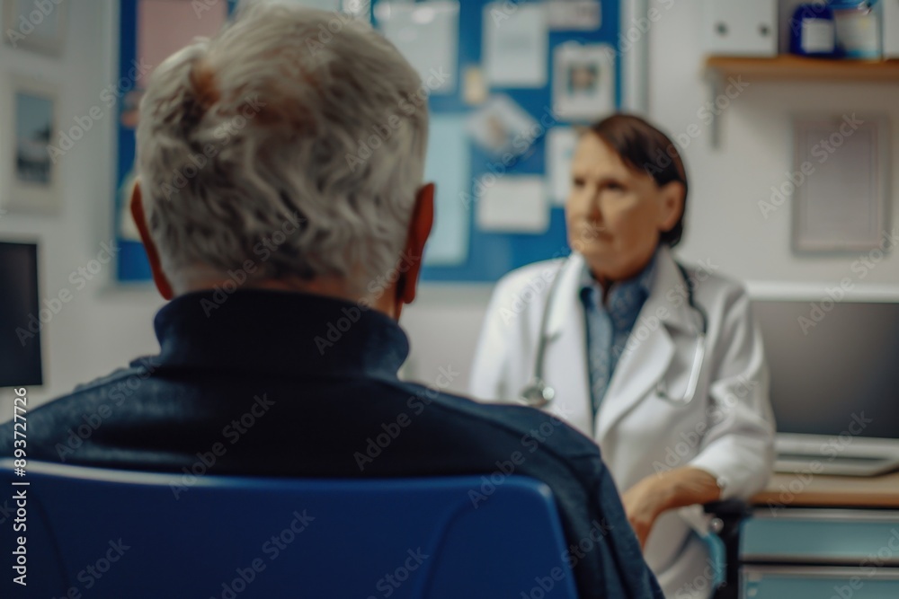 Old man sitting in the office of his female doctor, close-up view from behind on both people The woman is wearing white coat and has brown hair Generative AI Old man sitting in the office of his female doctor, close-up view from behind on both people The woman is wearing white coat and has brown hair Generative AI