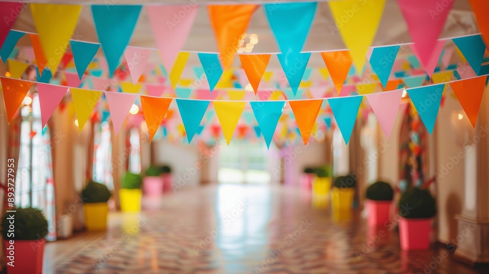 Triangular flags hang over a blurred hallway creating a celebratory atmosphere Triangular flags hang over a blurred hallway creating a celebratory atmosphere