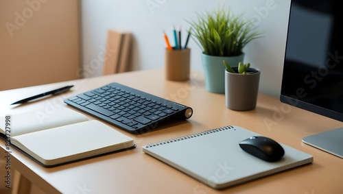 Modern Minimalist Home Office Desk Setup. photo