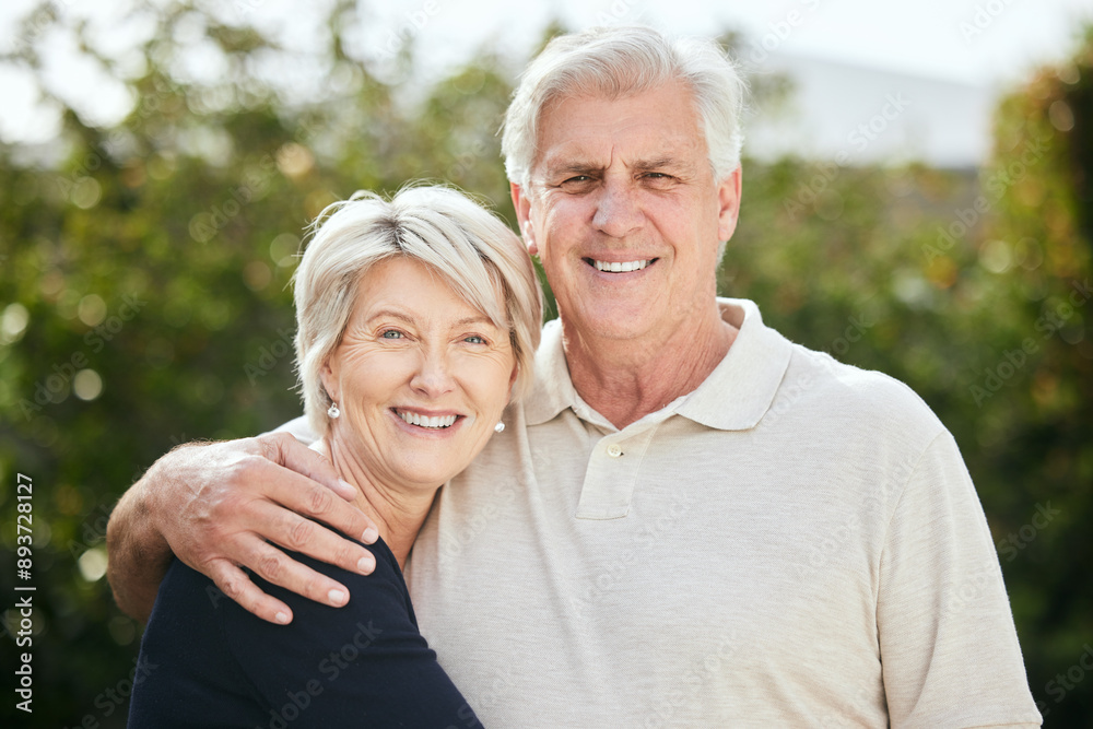 Outdoor, portrait and senior couple with hug for care, support and love in marriage relationship with happiness. Park, man and woman with embrace for connection, security and bonding in retirement Outdoor, portrait and senior couple with hug for care, support and love in marriage relationship with happiness. Park, man and woman with embrace for connection, security and bonding in retirement