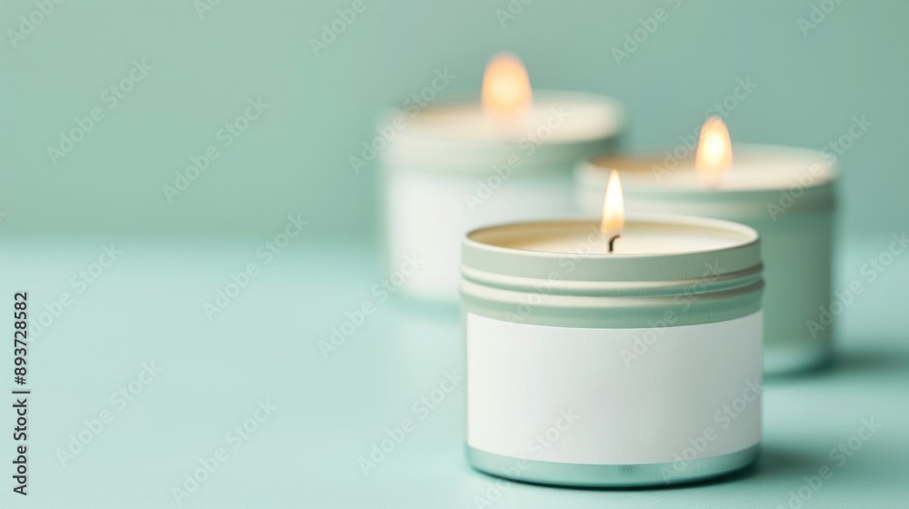 Three lit candles in minimalistic white containers on a blurred pastel green background, creating a serene and calming ambiance. Three lit candles in minimalistic white containers on a blurred pastel green background, creating a serene and calming ambiance.