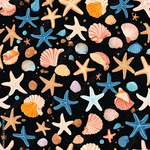 Seamless pattern of tinyseashells and starfishin striking colors with black background