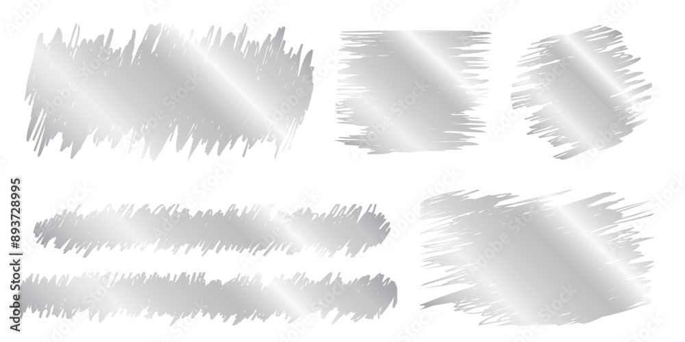 Silver scraped scratchcard textures. Collection of shining metallic scratch card, lucky game ticket, lotto winner, money prize or sale coupon surfaces isolated on white background. Vector illustration