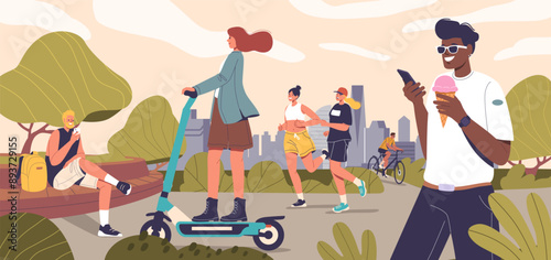 People Enjoying Leisure Activities In A City Park. Characters Running, Riding Scooters, Biking And Eating Ice Cream
