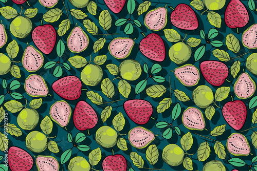 seamless pattern strawberry and guava vector drawing