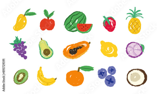 Kid set of various kinds of fruits, crayons and pencil texture, fun cute for children drawing style elements,