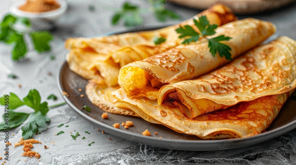 Closeup of golden crepes on a plate with parsley sprigs Closeup of golden crepes on a plate with parsley sprigs