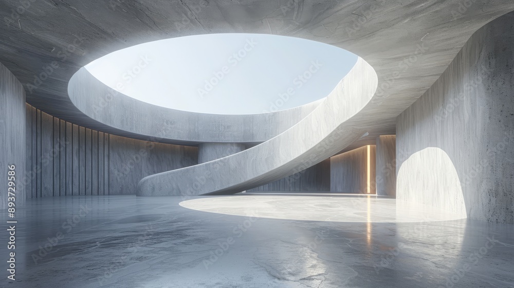 A minimalist concrete interior space with a circular design stairway and skylight A minimalist concrete interior space with a circular design stairway and skylight