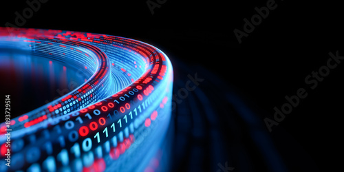 Abstract illustration of a curved data stream composed of glowing binary code in red and blue. Dynamic visual effect on a dark background. flow of digital information and advanced technology.