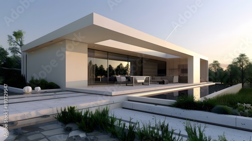 Modern Minimalist Home Exterior Design with Pool and Patio © Adobe Contributor