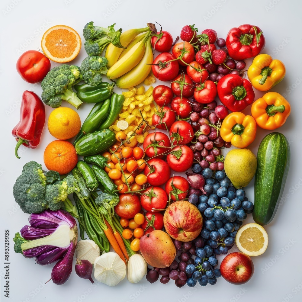 fresh produce still life vibrant assortment of fruits and vegetables arranged on white backdrop rainbow of colors showcasing natures bounty healthy eating concept