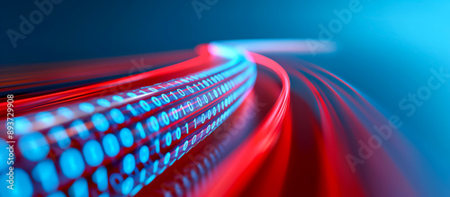 Abstract illustration of high-speed binary data flow in red and blue. The dynamic and curved lines represent fast digital information transfer on a bright blue background.