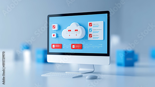 Minimalist office setting, computer monitor displaying cloud computing dashboard. Clean, modern environment highlights advanced technology, data management, efficient software solutions.