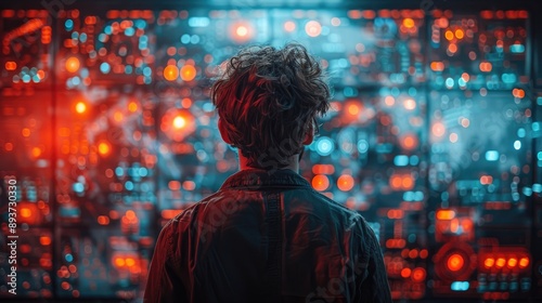 Man standing in front of futuristic digital interface with glowing blue and red lights, exploring advanced technology and data visualization.