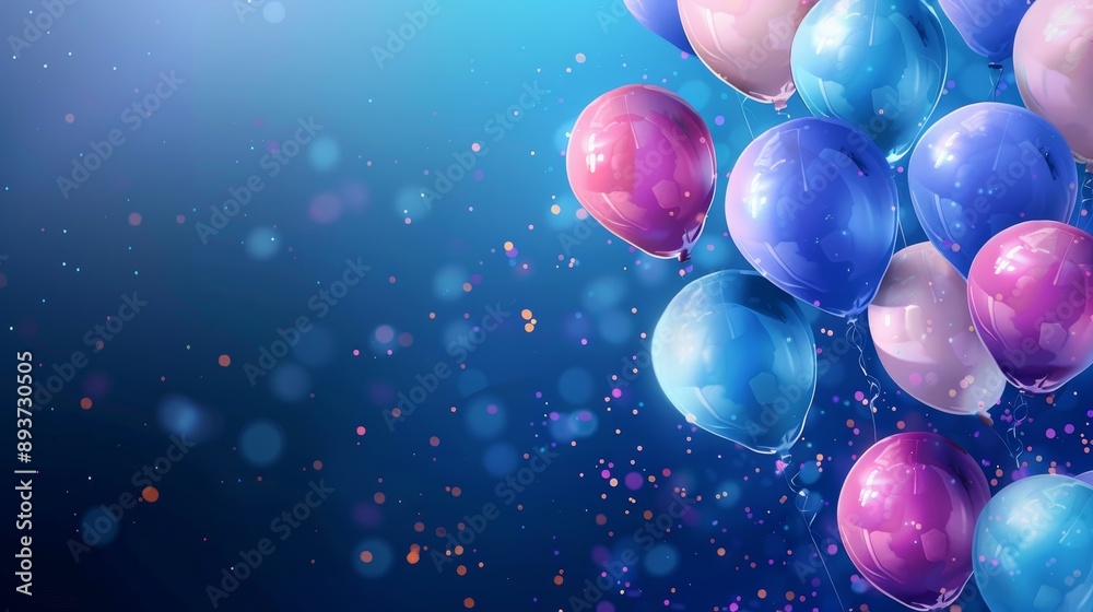 Blue and Pink Balloons Floating in Blue Background with Confetti, Balloons, Confetti, Celebration, Party Blue and Pink Balloons Floating in Blue Background with Confetti, Balloons, Confetti, Celebration, Party