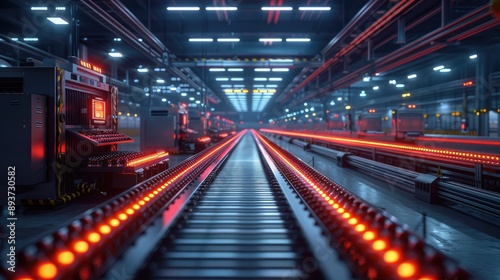 Modern industrial manufacturing plant with advanced technology and automated machinery, highlighted with vibrant red lighting.