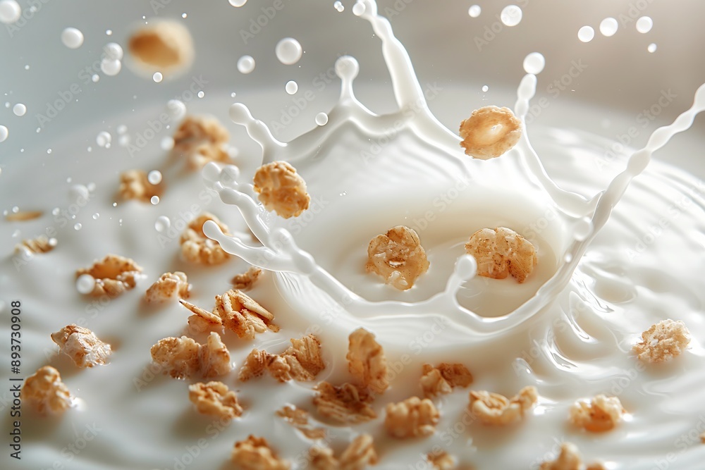 Close-up of cereal splashing into milk with oats and granola flying, capturing motion and freshness, ideal for breakfast and healthy eating themes. Close-up of cereal splashing into milk with oats and granola flying, capturing motion and freshness, ideal for breakfast and healthy eating themes.