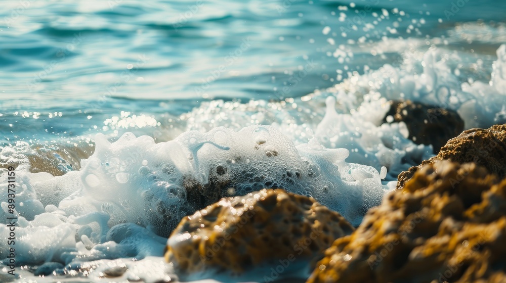 Obraz premium Close-Up of Foamy Waves Crashing on Rocks, Shallow Depth of Field, Blue Water, White Foam, Rocks, Sea, Nature, Waves, Ocean, Beach