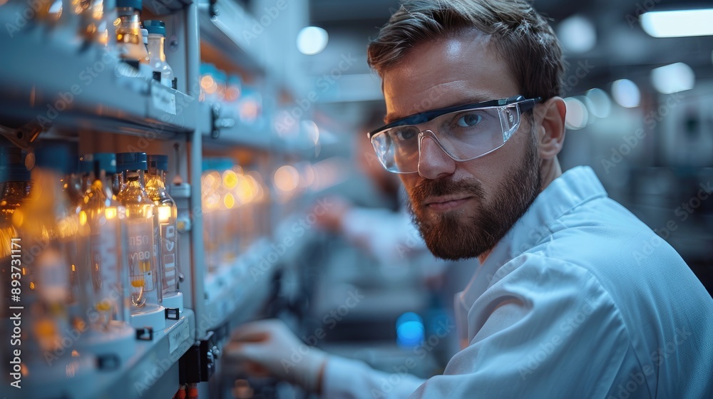 Scientist in a modern chemistry lab examining samples in test tubes, focused on research and development. Scientist in a modern chemistry lab examining samples in test tubes, focused on research and development.