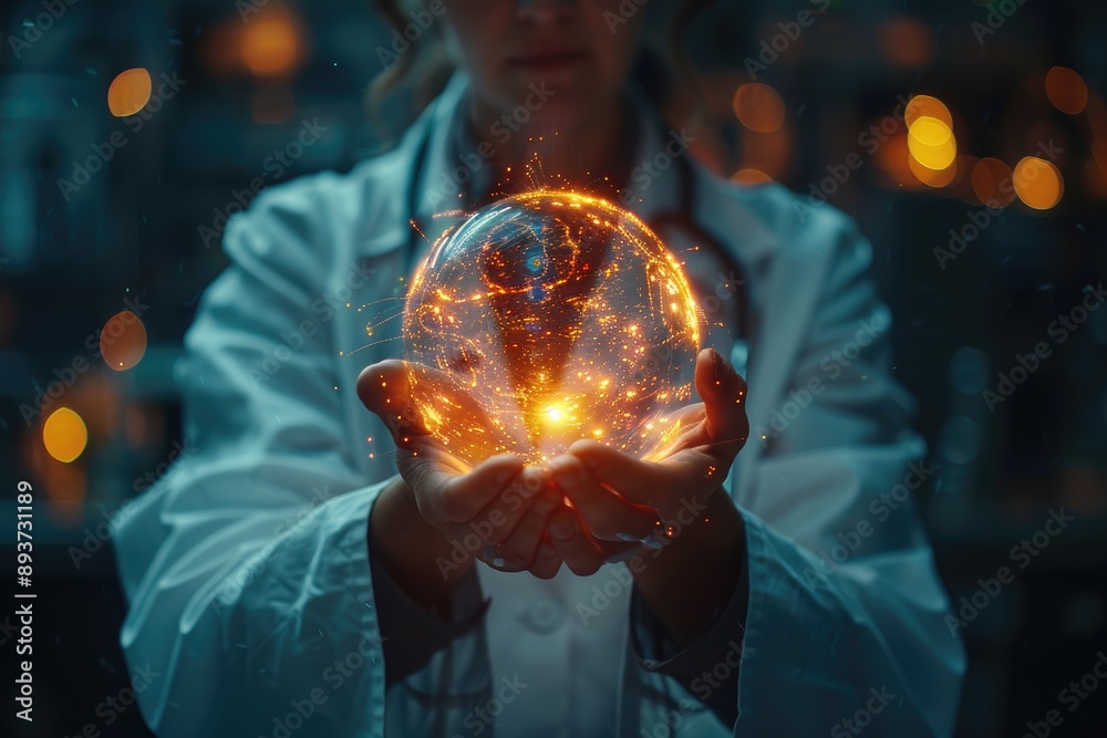Scientist holding glowing futuristic sphere with complex data in a lab setting. Innovation, technology, and research concept. Scientist holding glowing futuristic sphere with complex data in a lab setting. Innovation, technology, and research concept.