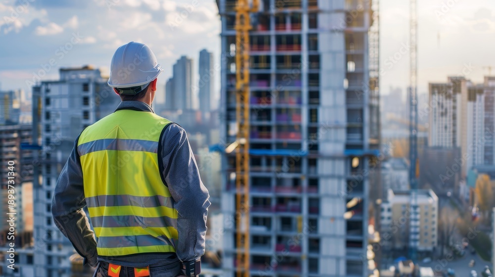 Construction Worker in Hard Hat and Safety Vest Looking at New Building Project in City Construction Worker in Hard Hat and Safety Vest Looking at New Building Project in City