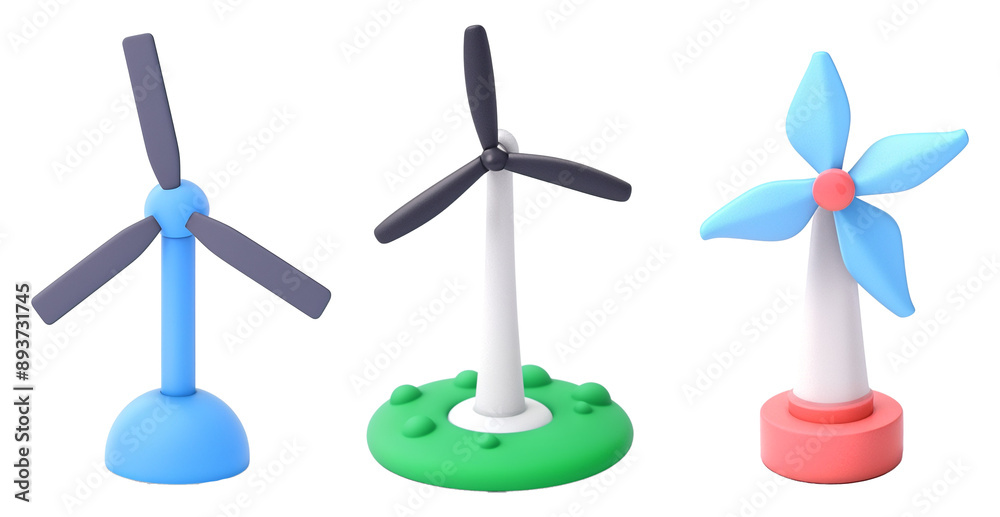 Set of 3D wind turbine objects isolated on transparent background, Colorful modern windmill turbines in blue green and red, Series of sustainable clean energy icons Set of 3D wind turbine objects isolated on transparent background, Colorful modern windmill turbines in blue green and red, Series of sustainable clean energy icons