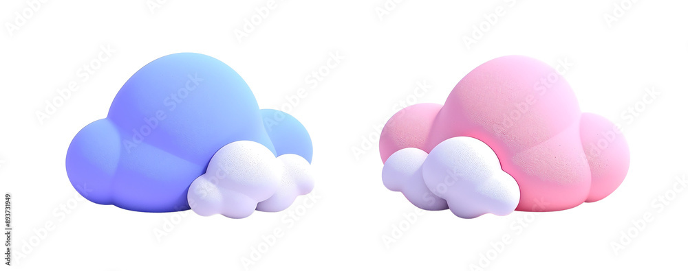Pair of 3D dreamy cartoon clouds, Series of soft pastel pink blue and white cloud objects, Tranquil and whimsical weather elements isolated on transparent Pair of 3D dreamy cartoon clouds, Series of soft pastel pink blue and white cloud objects, Tranquil and whimsical weather elements isolated on transparent