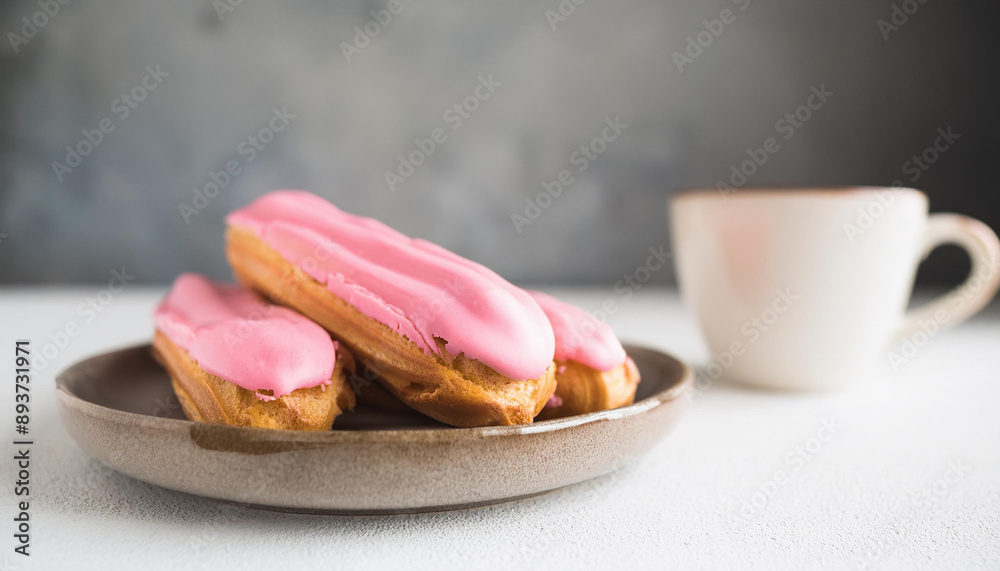 Eclairs with pink glazing on ceramic plate, coffee mug. Tasty dessert. Delicious breakfast and drink Eclairs with pink glazing on ceramic plate, coffee mug. Tasty dessert. Delicious breakfast and drink