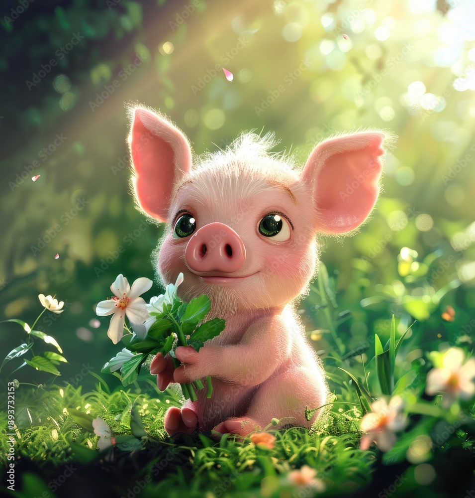 Cute Piglet Holding Flowers in a Sunlit Meadow Cute Piglet Holding Flowers in a Sunlit Meadow